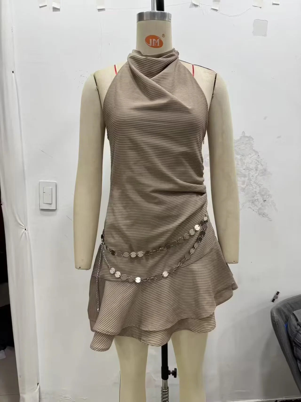 Sexy Backless Halter Neck Striped Belt Short Dress