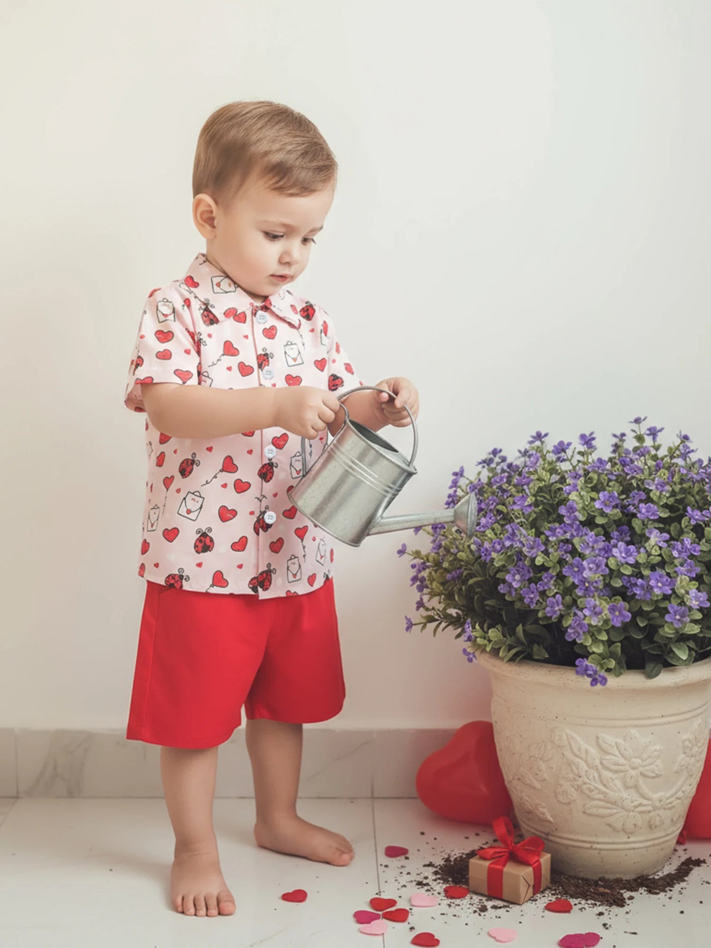 Toddler Boys Valentine's Day Gentleman Outfit Set - Heart Print Shirt & Shorts 1-5Y