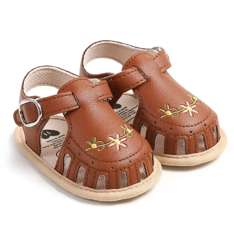 Newborn Baby Sandals PU Leather Non-slip Flower Embroidery Summer Flats Shoes