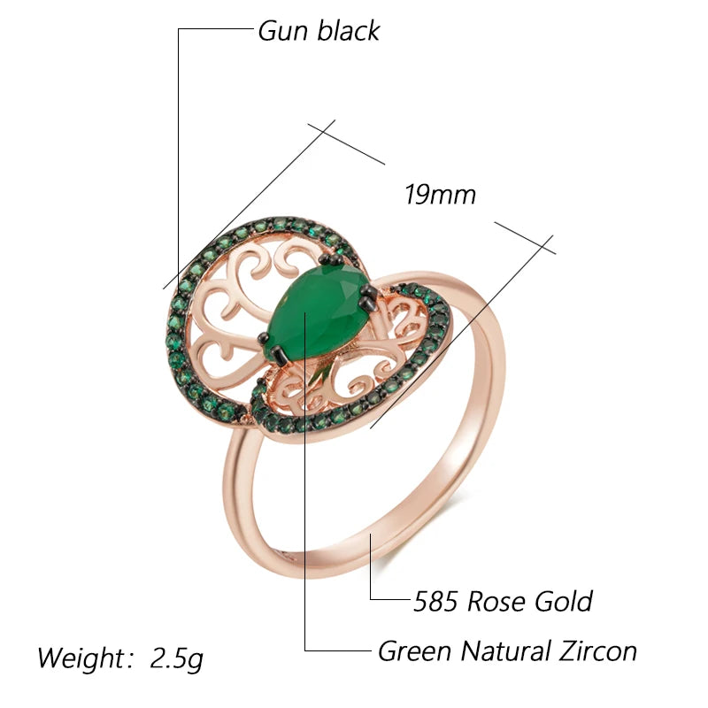 Women 585 Rose Gold and Black Plating Vintage Green Natural Zircon Crystal Flower Rings