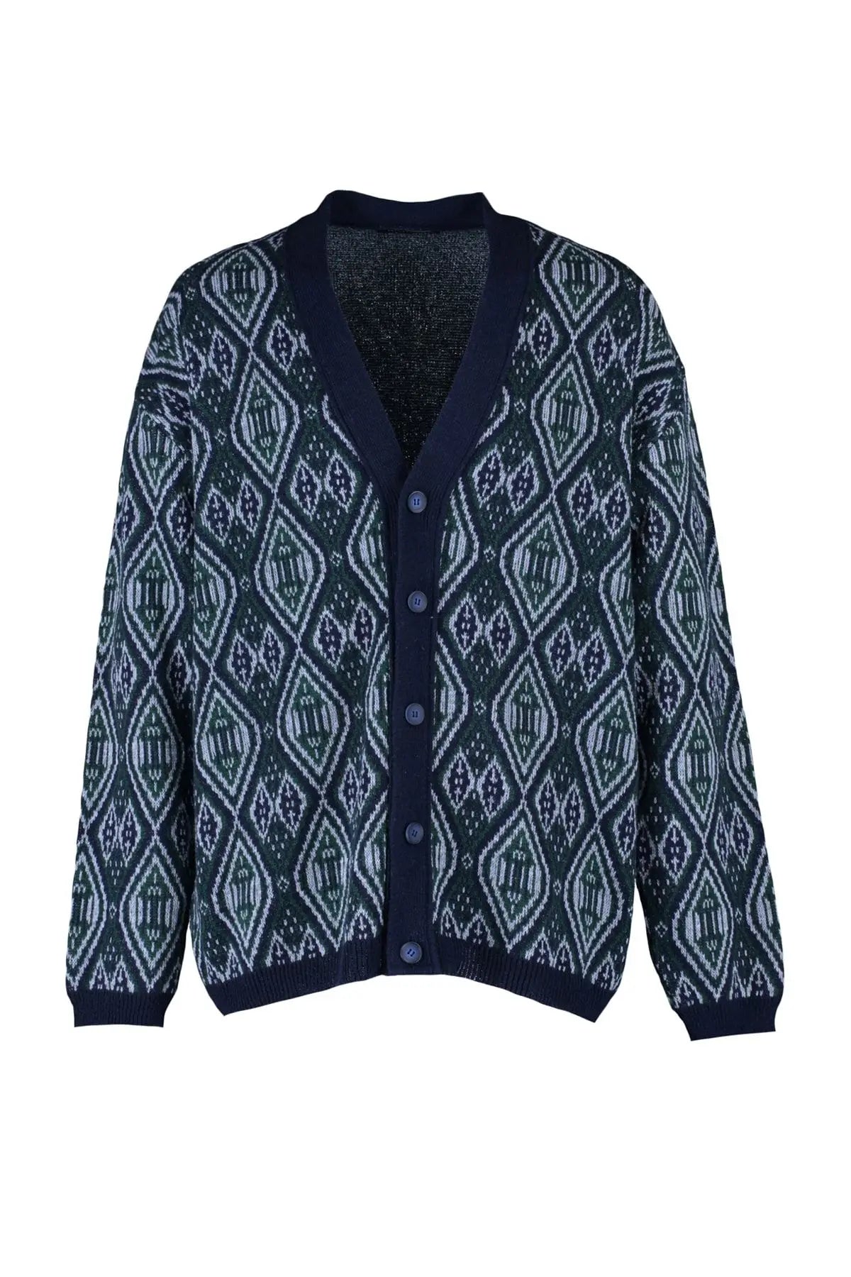 Men's Diamond Pattern V Neck Button Off-Shoulder Knitwear Cardigan