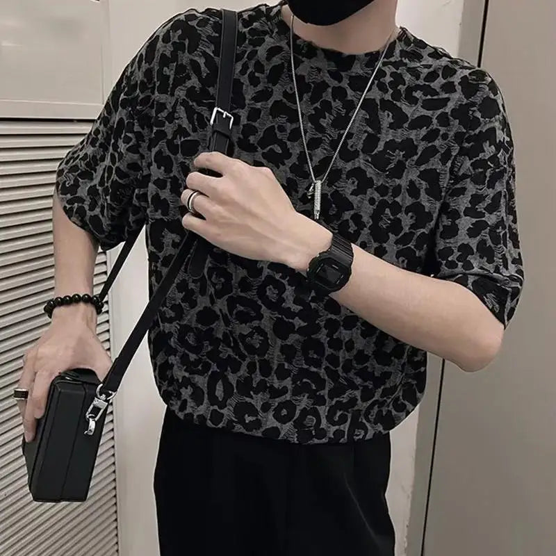 Men's Leopard Print Round Neck Short Sleeve Loose T-shirt