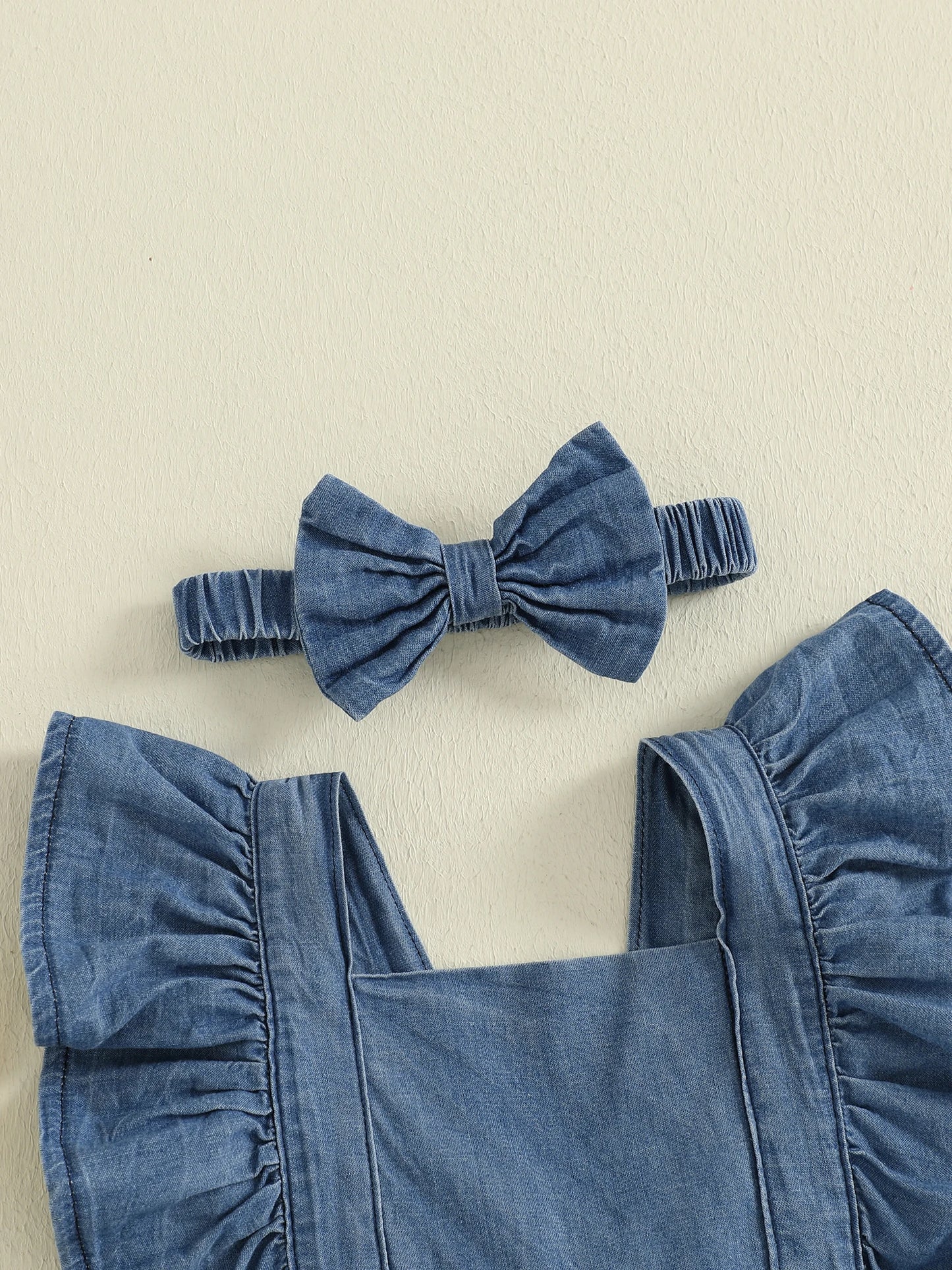 Baby Girls Denim Romper Dress Set - Ruffles Fly Sleeve Layered Jumpsuit with Bowknot Hairband