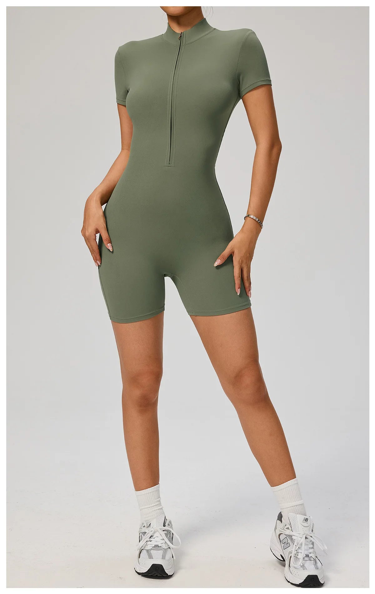 Zipper Front Jumpsuit - Short Sleeve Nylon Workout Set for Gym & Yoga