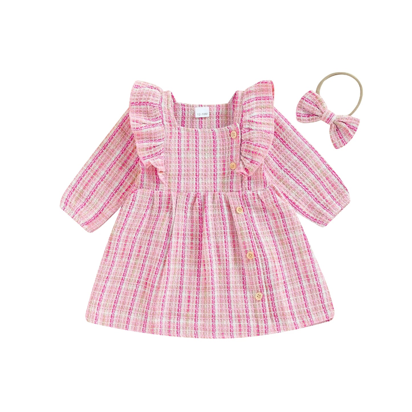 1-5Y Girls Plaid Princess Long Sleeve Square Neck Ruffles Buttons Casual Fall Dress with Headband