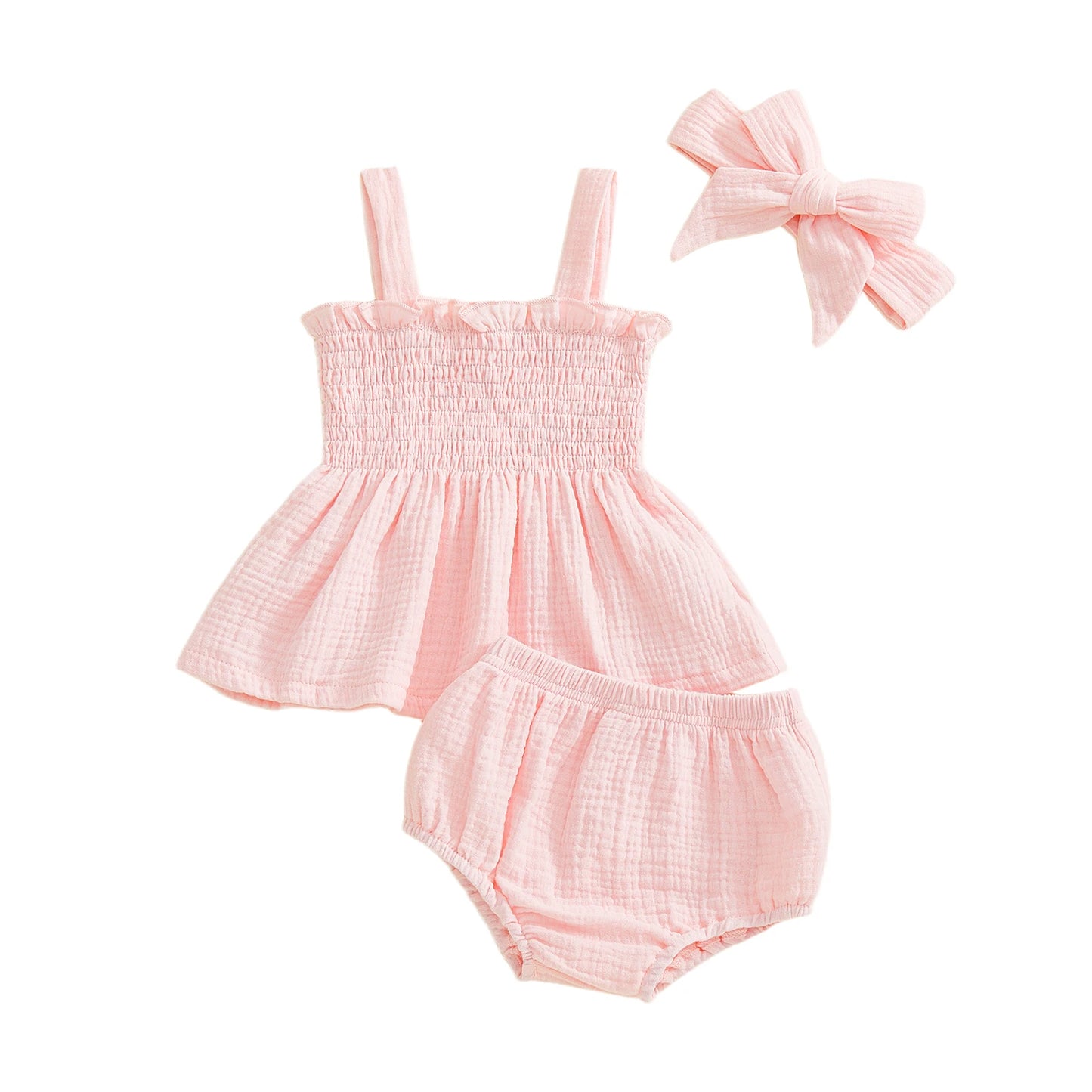 Baby Girls Summer Outfit Set - Ruffled Smocked Top, Shorts & Headband (0-24M)