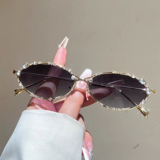 Oval Rhinestone Sunglasses – Women's Retro Metal Rim Shades
