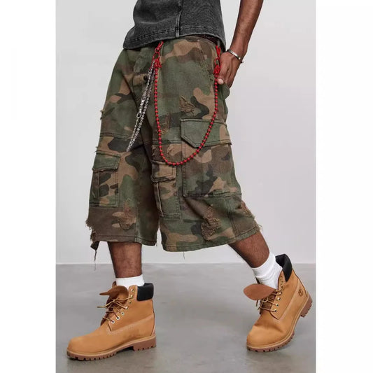 Men's Destroy Camouflage Grinding Washed Cropped Loose Wide-leg Shorts