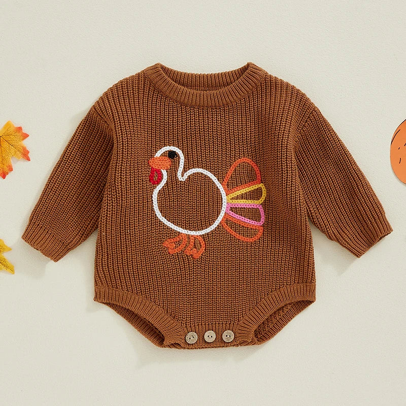 0-18M Baby Boys Girls Thanksgiving Cute Sweater Romper Turkey Embroidery Long Sleeve Jumpsuit