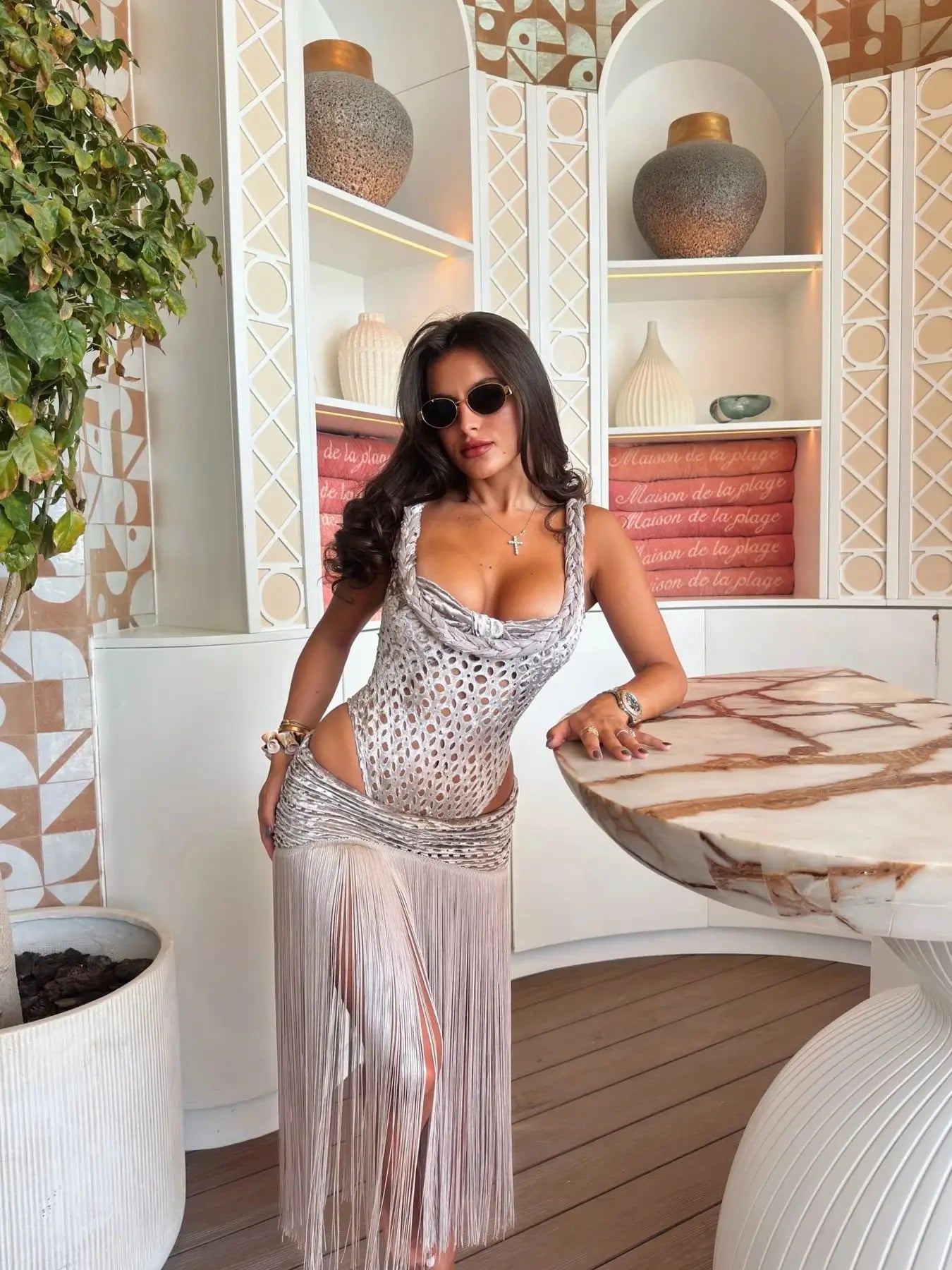 Women's Lace Tassel Two-Piece Skirt Suit with Braided Knit Top