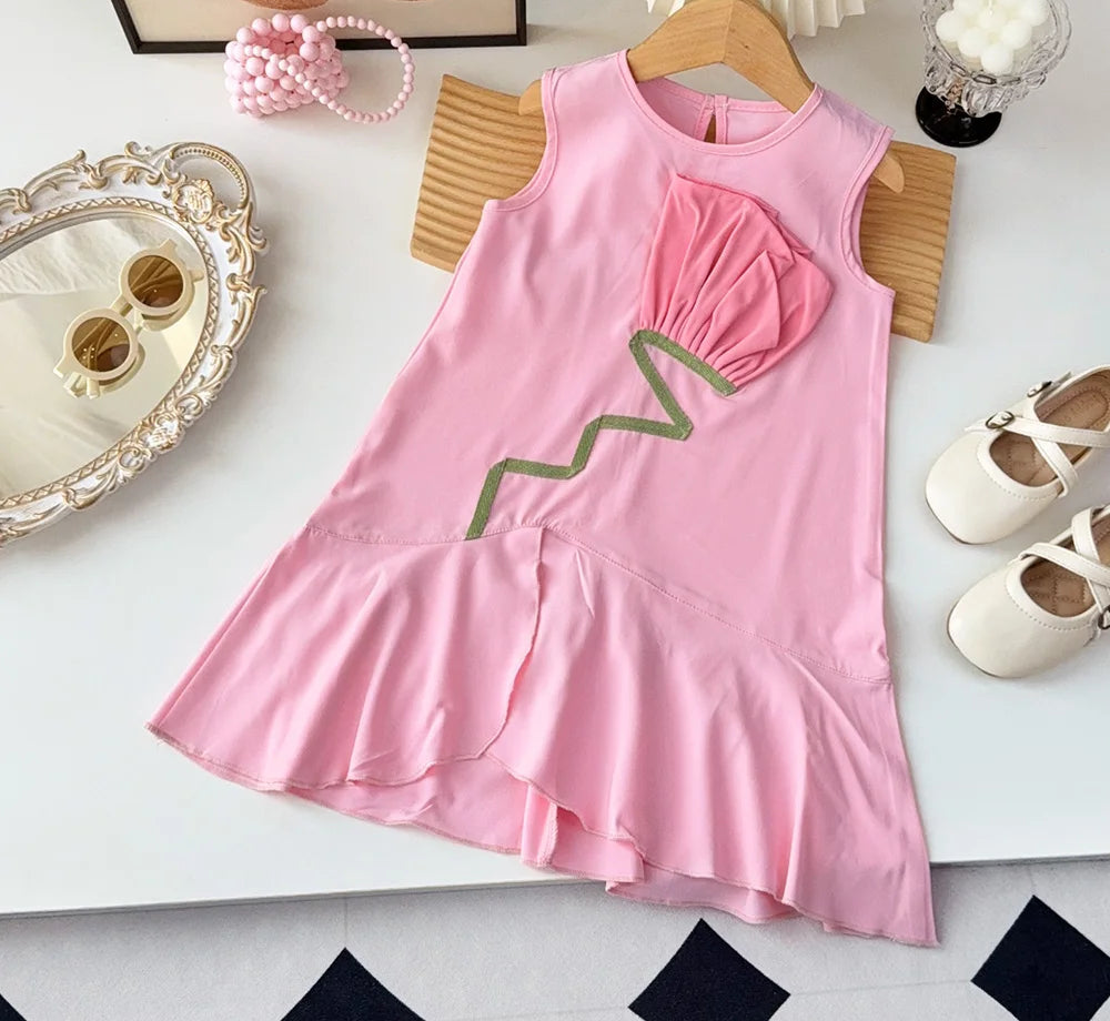 Girl's 3D Flower Sleeveless Princess Baby Pink Summer Dress