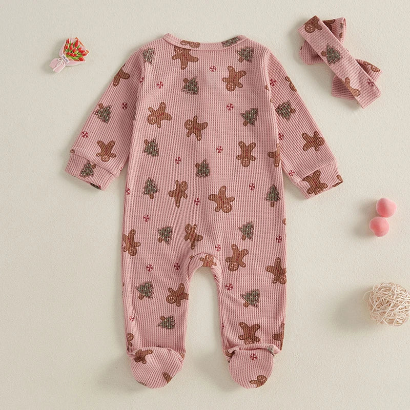 Baby Girls Boys Christmas Footies Jumpsuit Long Sleeve Gingerbread Print Ruffle Romper with Headband