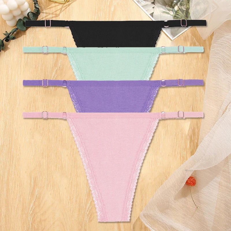 Women's Cotton Thongs 4-Piece Set - Adjustable Waistband Low-Rise Underwear