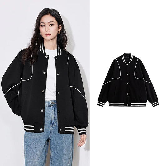 Women's College Style Contrast Colour Snap Button Long Sleeve Cardigan Baseball Jacket