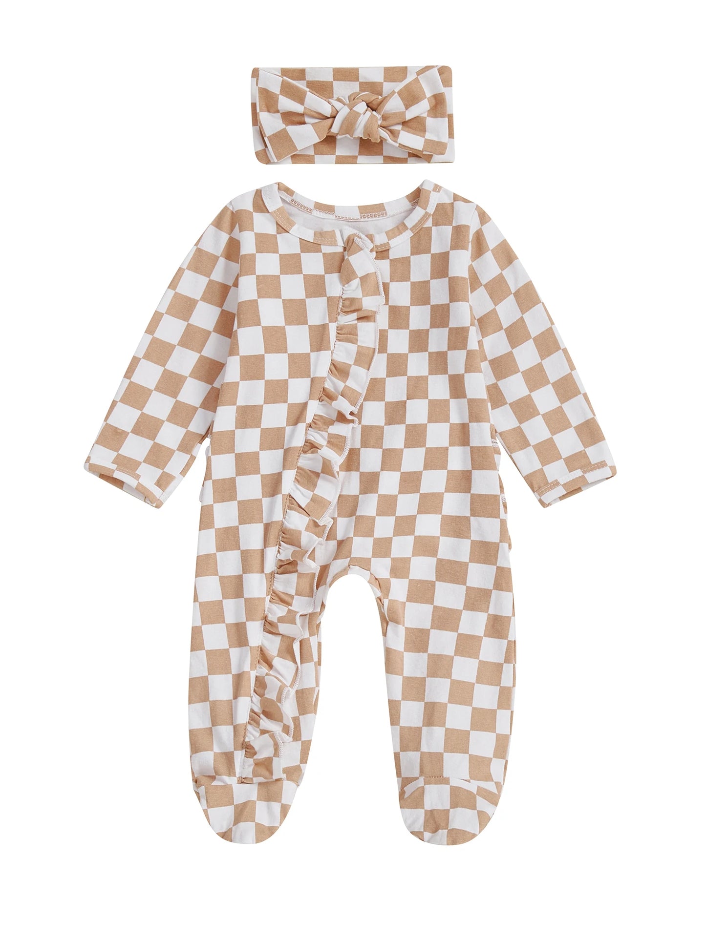 Newborn Baby Footie Set with Headband - Checkerboard Ruffled Zip Front Jumpsuit