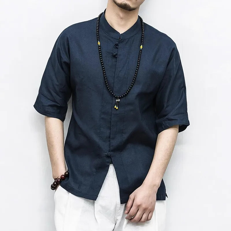 Men's Summer Loose Casual Cotton Linen Half Sleeve Chinese Style Stand Collar Shirt