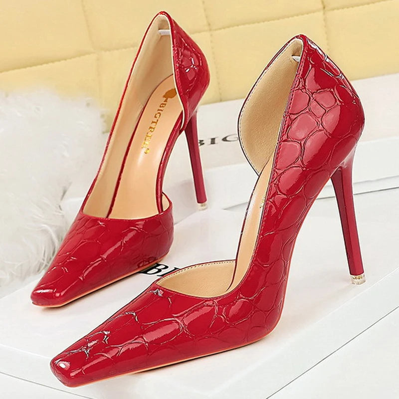 Women's Patent Leather Stone Pattern High Heels Square Head Stilettos Shoes