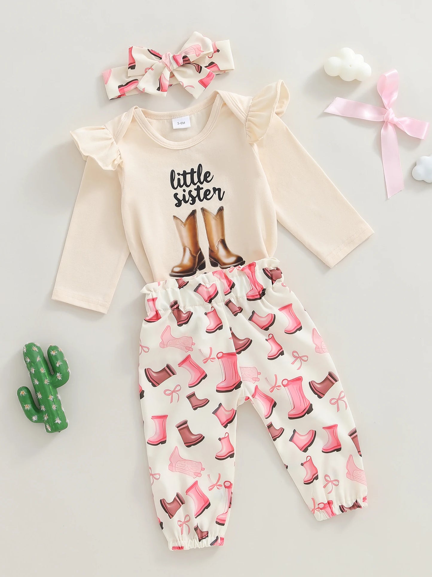Baby Girls Western Fall Winter Outfit Set - Long Sleeve Romper, Boot Print Pants & Bow Headband (0-18M)