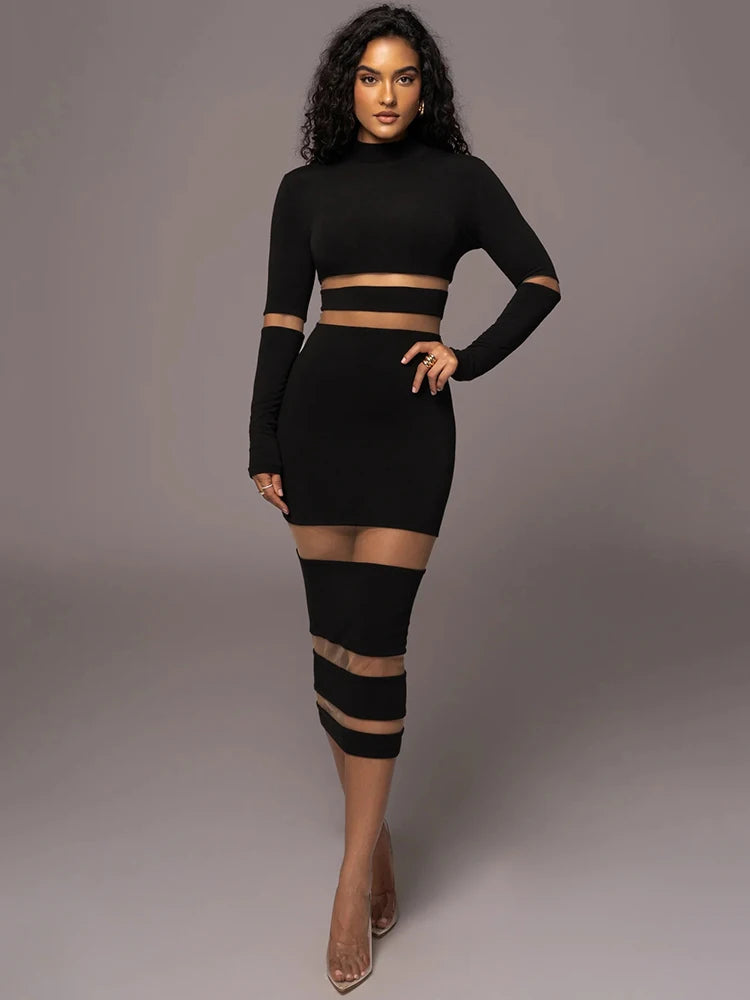 Women's Patchwork Bodycon Midi Turtleneck Long Sleeve Dress