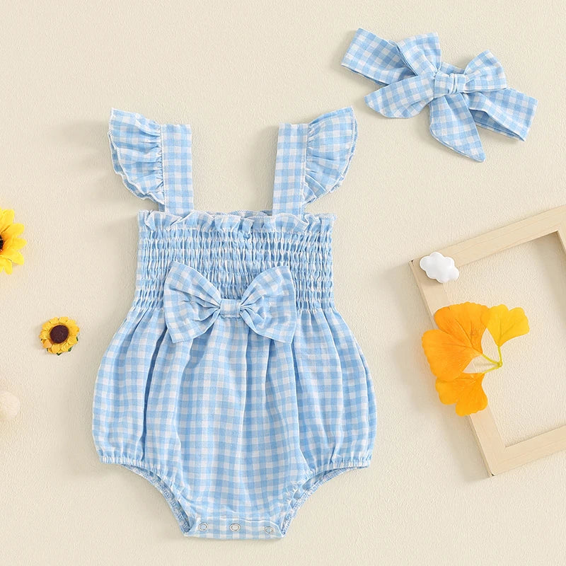 0-18M Baby Girls Summer Romper Outfits Fly Sleeve Plaid Print Ruffles Bowknot Jumpsuits with Headband