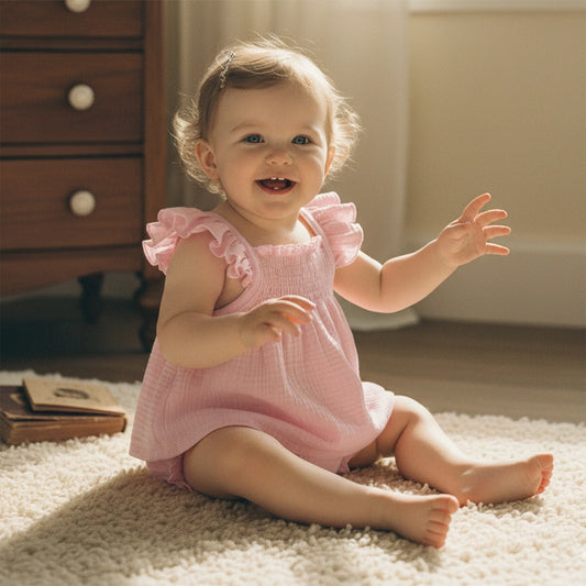 Baby Girls Summer Outfit Set - Smocked Ruffle Flying Sleeve Top & Shorts 0-24M