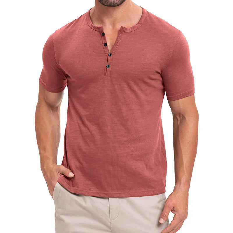 Men's Summer Henry Collar Short Sleeve Casual Pullover T-Shirt