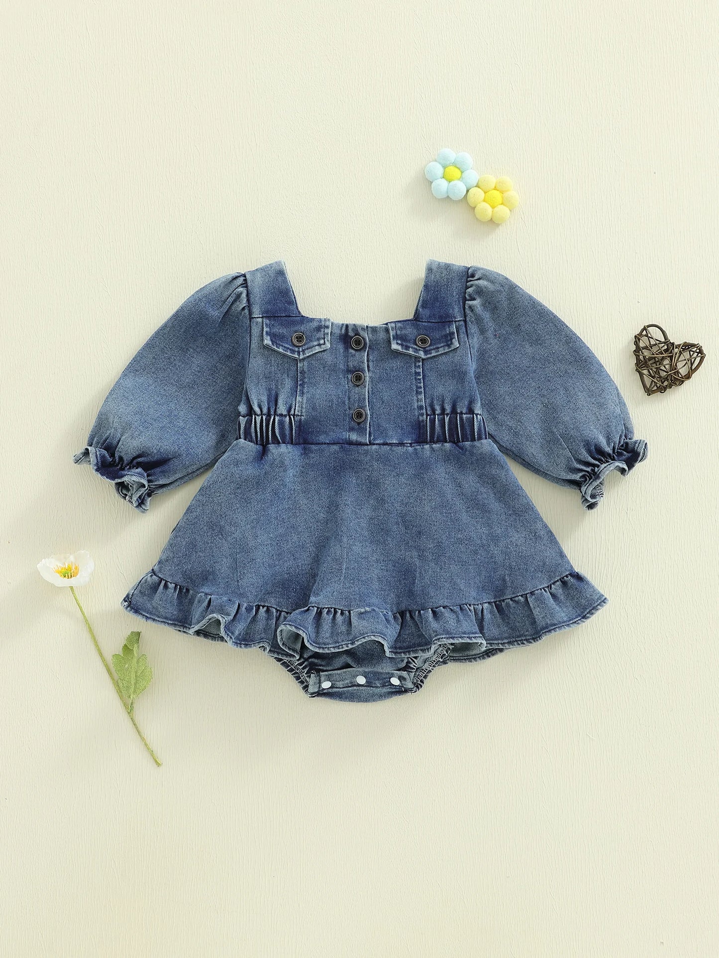 Baby Girls Denim Romper Dress - Square Neck Lantern Long Sleeve Bodysuit (0-24M)
