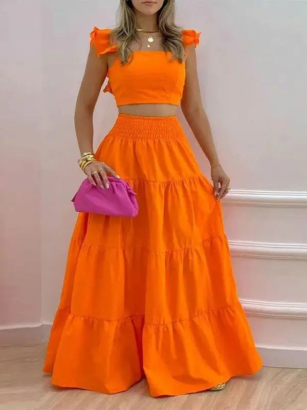 Women's Square Collar Flying Sleeve Ruched Crop Top & A-Line Ankle Skirt Set