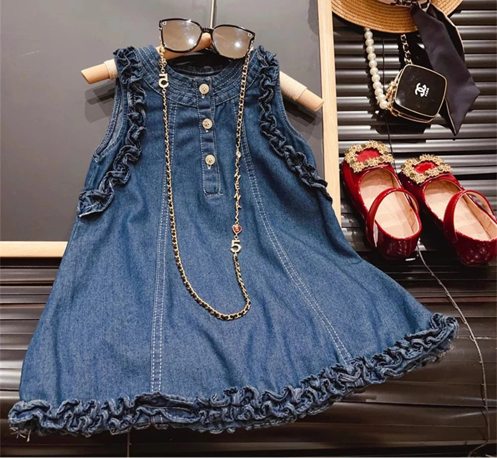 Girls Denim Vest Dress – Frill Edge Three-Button Sleeveless A-Line