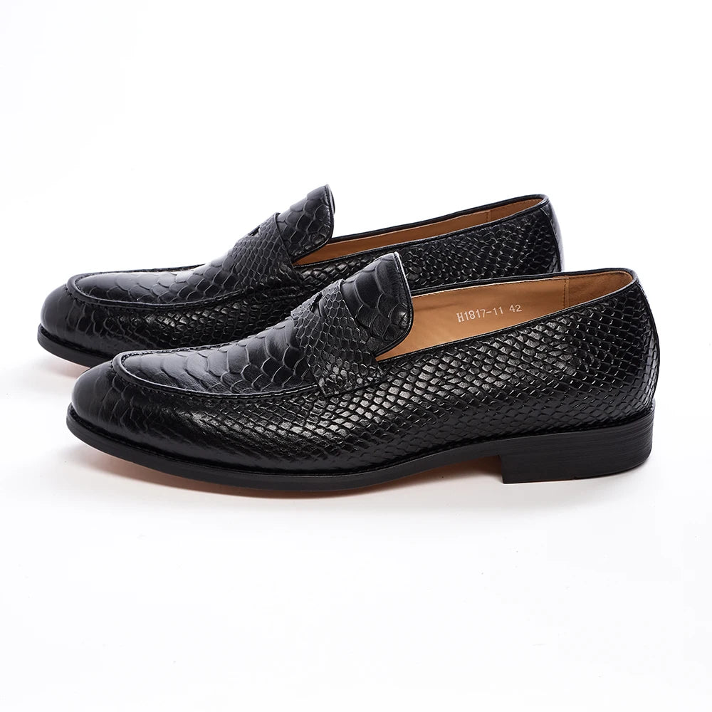 Men's Genuine Leather Snake Pattern Loafers – Pointed Slip-On Dress Shoes