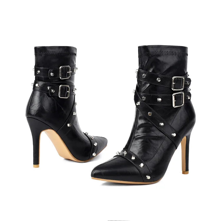 Women's Rivet Belt Buckle 10cm High Heel Short Pointed Side Zipper Leather Ankle Boots