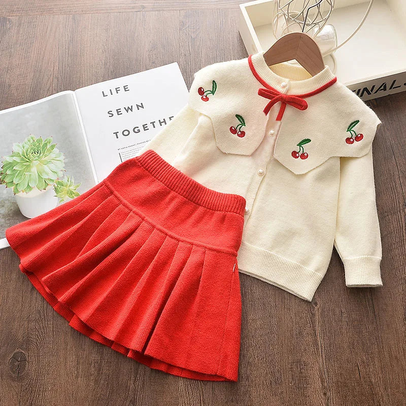 Girls' Knitted Embroidery Sweater & Skirt Set – Autumn Winter 2-Piece Outfit