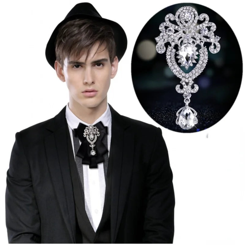 Men's Shirt Necktie Ribbon Bowtie Brooches Rhinestone Crystal  Collar Pins Brooch