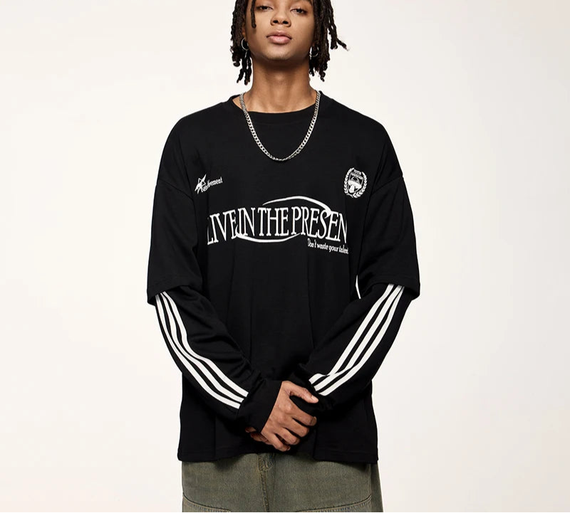 Unisex Retro Double Layer Streetwear Hip Hop Oversized Long Sleeve Sportswear T-Shirt
