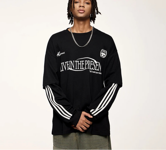 Unisex Retro Double Layer Streetwear Hip Hop Oversized Long Sleeve Sportswear T-Shirt