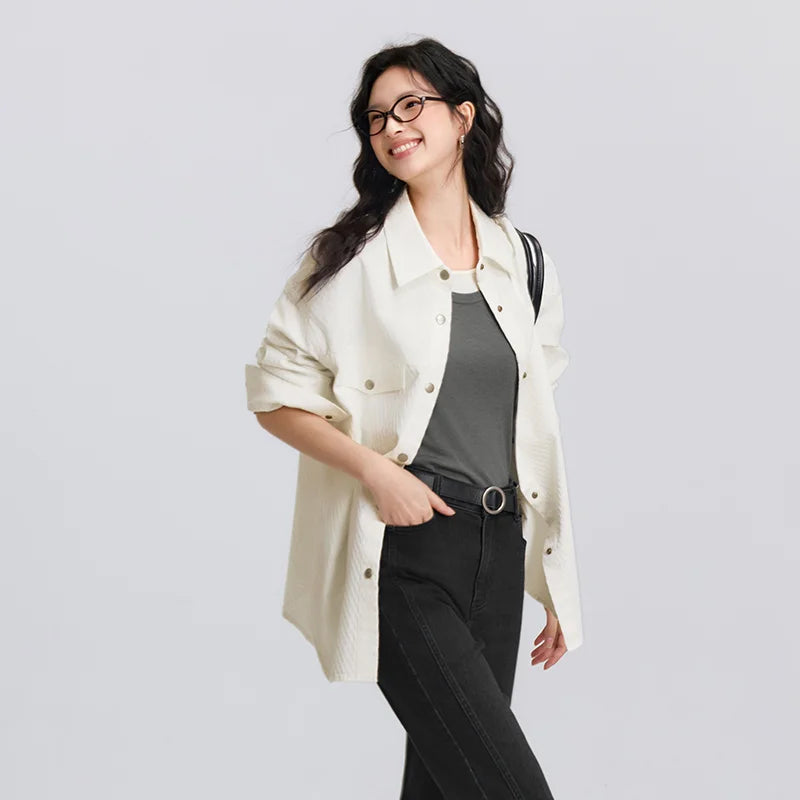 Women's Long Sleeve Diamond Pattern Cotton Shirt - Mid-Length Oversize Top