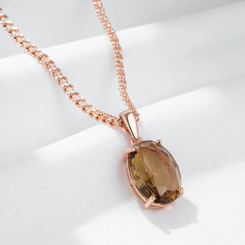 Women's Oval Brown Crystal Pendant Necklace 585 Rose Gold Colour With Natural Zircon