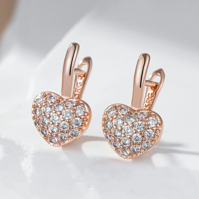 Women Shiny Natural Zircon 585 Rose Gold Colour Heart Earrings