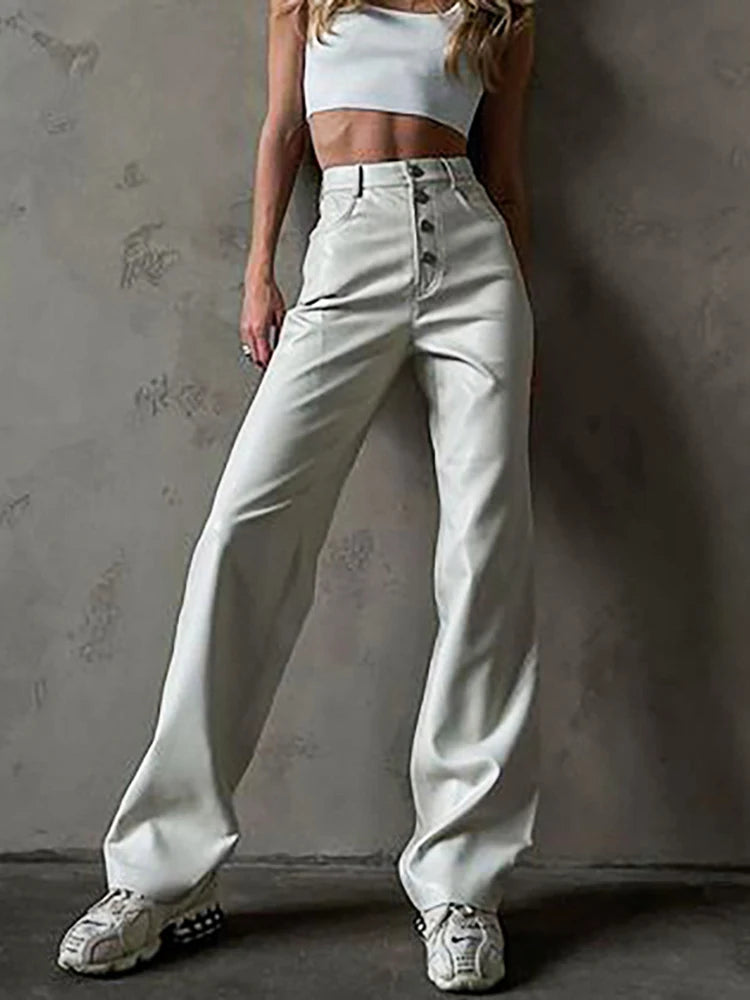 Women's PU Leather High Rise Button Up Straight Leg  Trousers