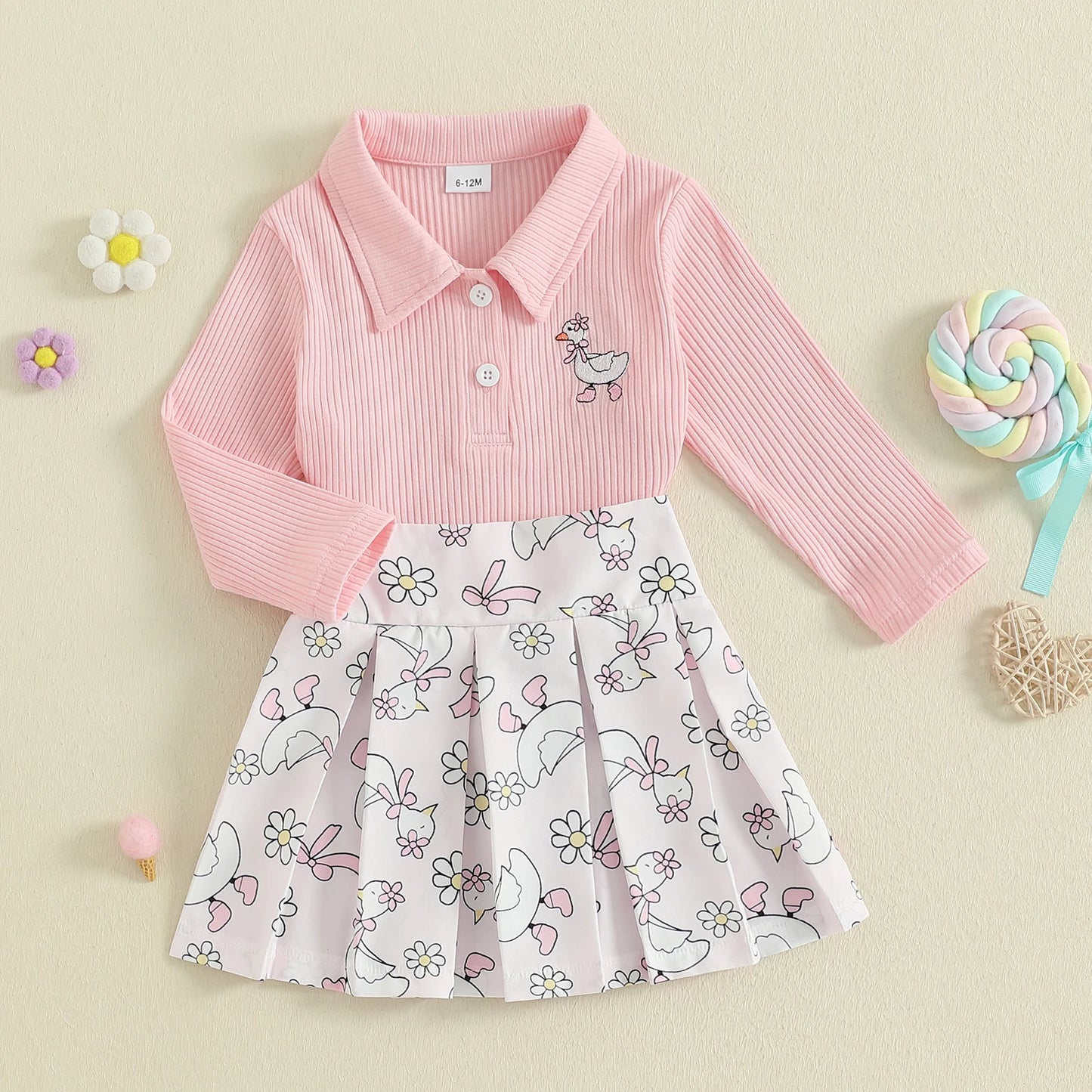 Baby Girls Animal Embroidery Outfit Set - Long Sleeve Top & Floral Print Skirt (0-4Y)
