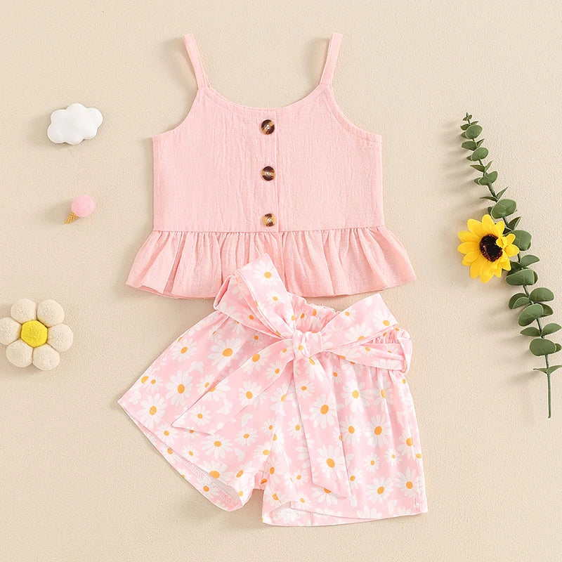 0-4Y Girls Summer Clothes Sets - Sleeveless Button Up Camisole Vest, Sunflowers Print Shorts Sets