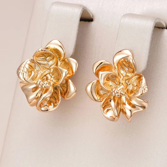 Unique Glossy Metal Flower Dangle Earrings - Rose Gold