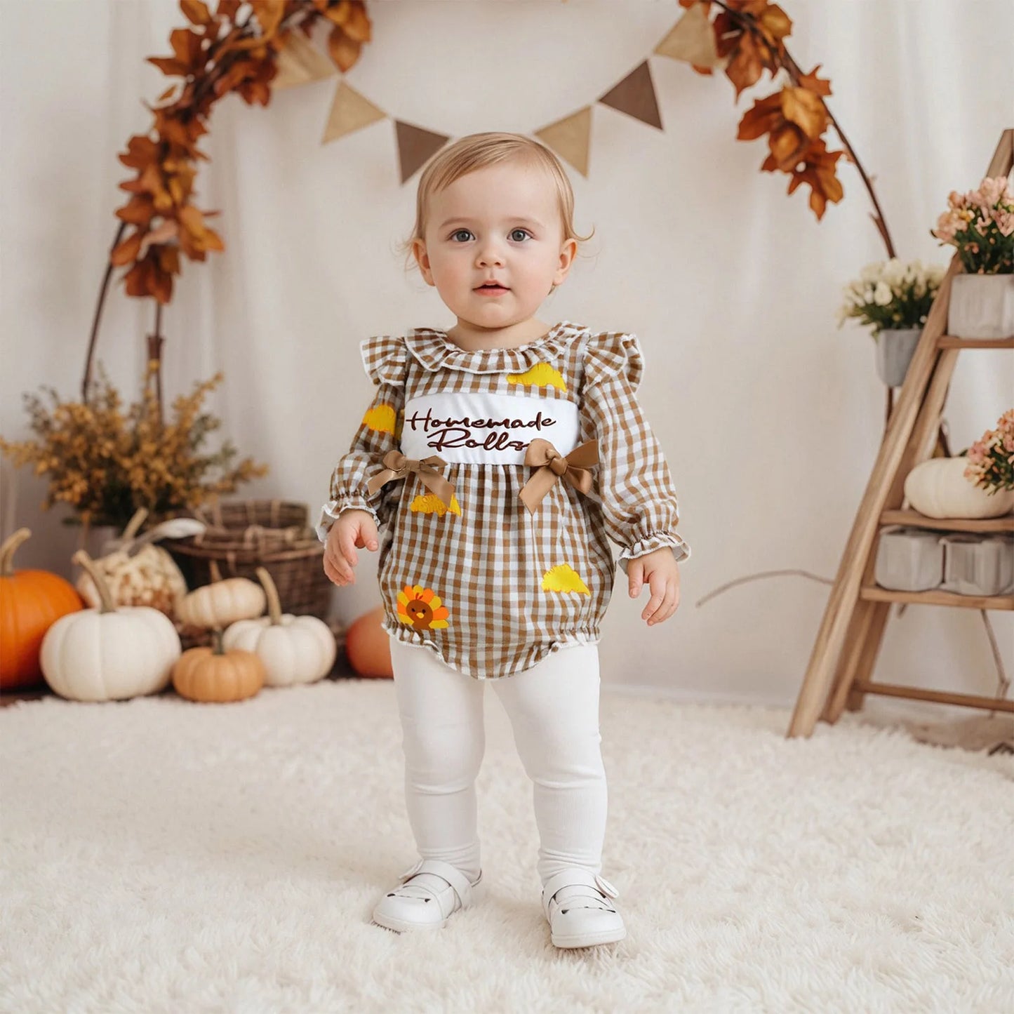 Baby Thanksgiving Romper - Long Sleeve Plaid Print Turkey Embroidery Bubble Jumpsuit