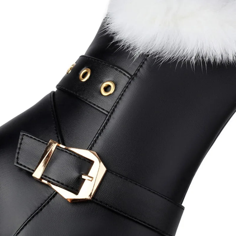 Studded Ankle Boots - 8cm High Heel with Plush Collar and Metal Belt