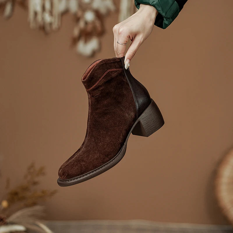 Women's Round Toe Chunky Heel Sheep Suede Leather Retro Ankle Boots