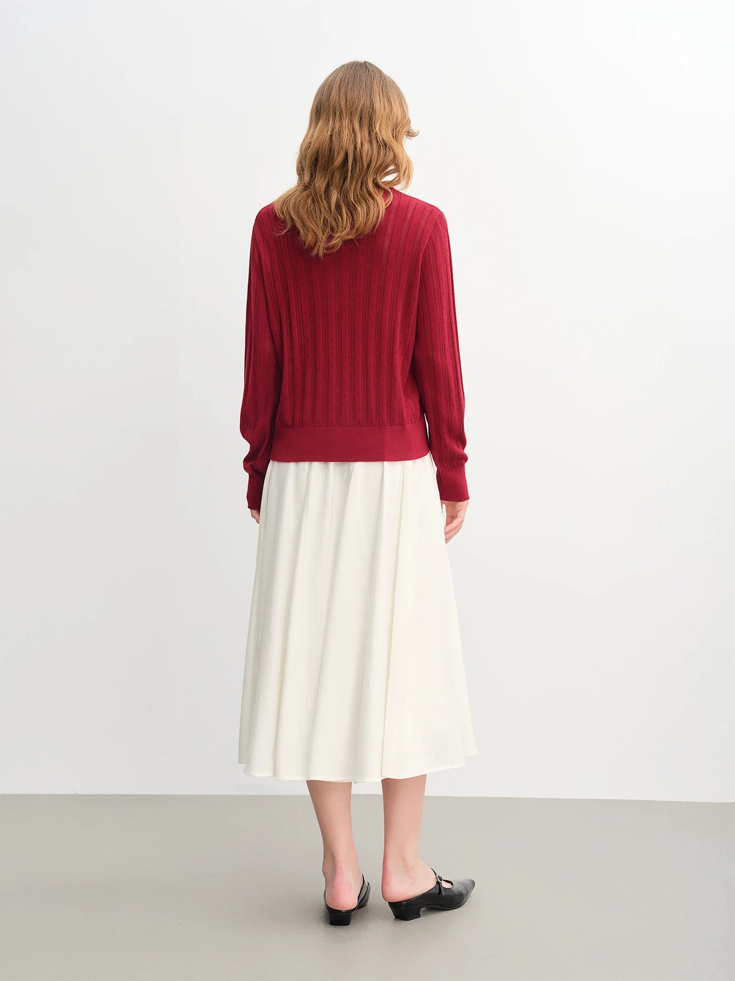 Pleated A-Line Midi Skirt - Textured White Long Skirt