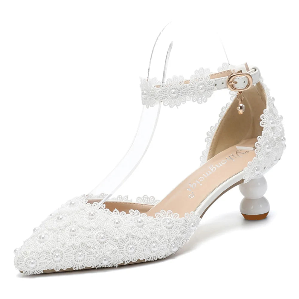 Women's 5cm Round Heel Shaped Heel Pearl Sandals