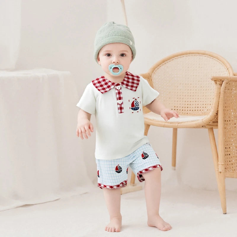 Baby Boys' Independence Day Outfit Set - Plaid Short Sleeve Shirt & Sailboat Shorts