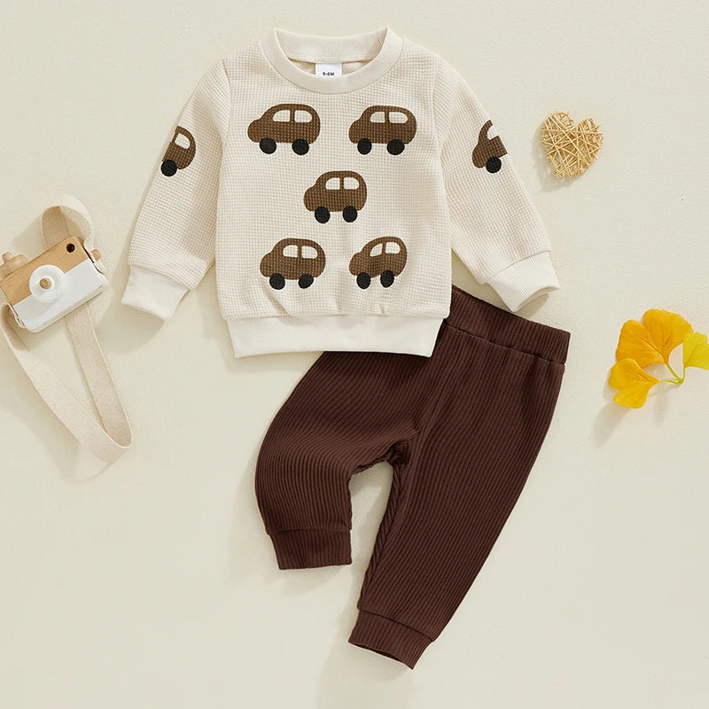 0-3Y Baby Boys Track Clothes Sets Cartoon Car Print Waffle Long Sleeve Sweatshirt and Elastic Pants