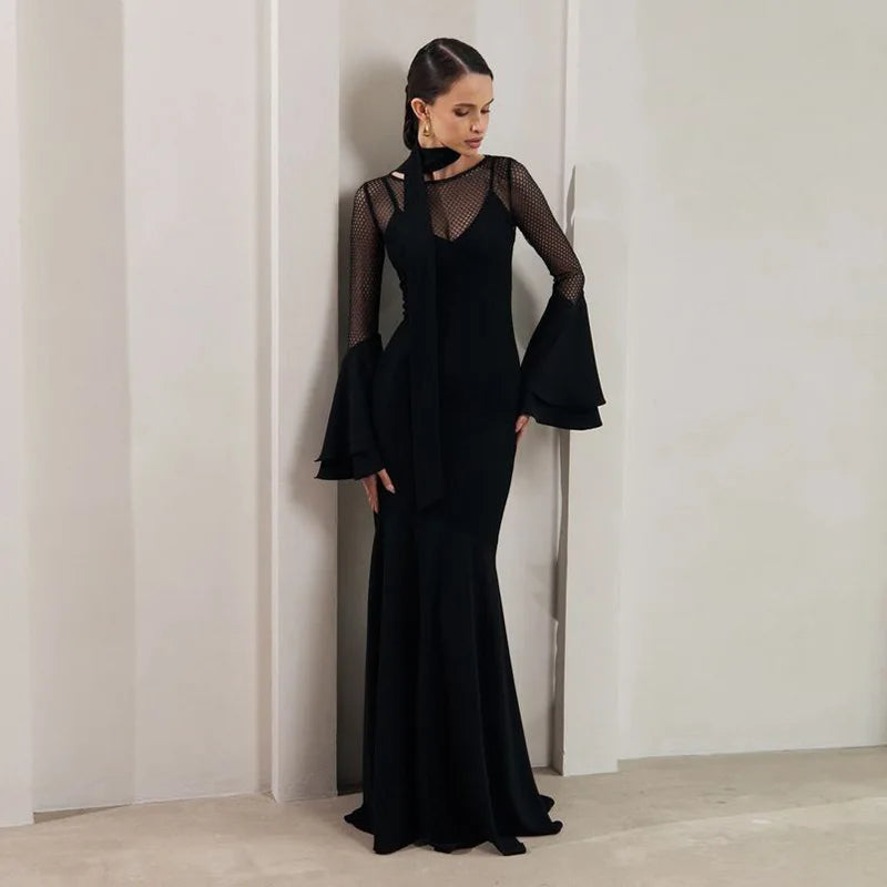 Women's See Through Bodycon Maxi  Flare Long Sleeve High Waist Gown Splice Dress